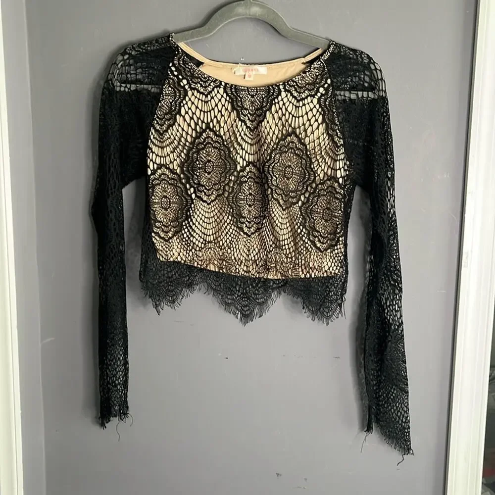 Luxxel Black Lace Cropped Top With Nude Lining Long Sleeves Medium